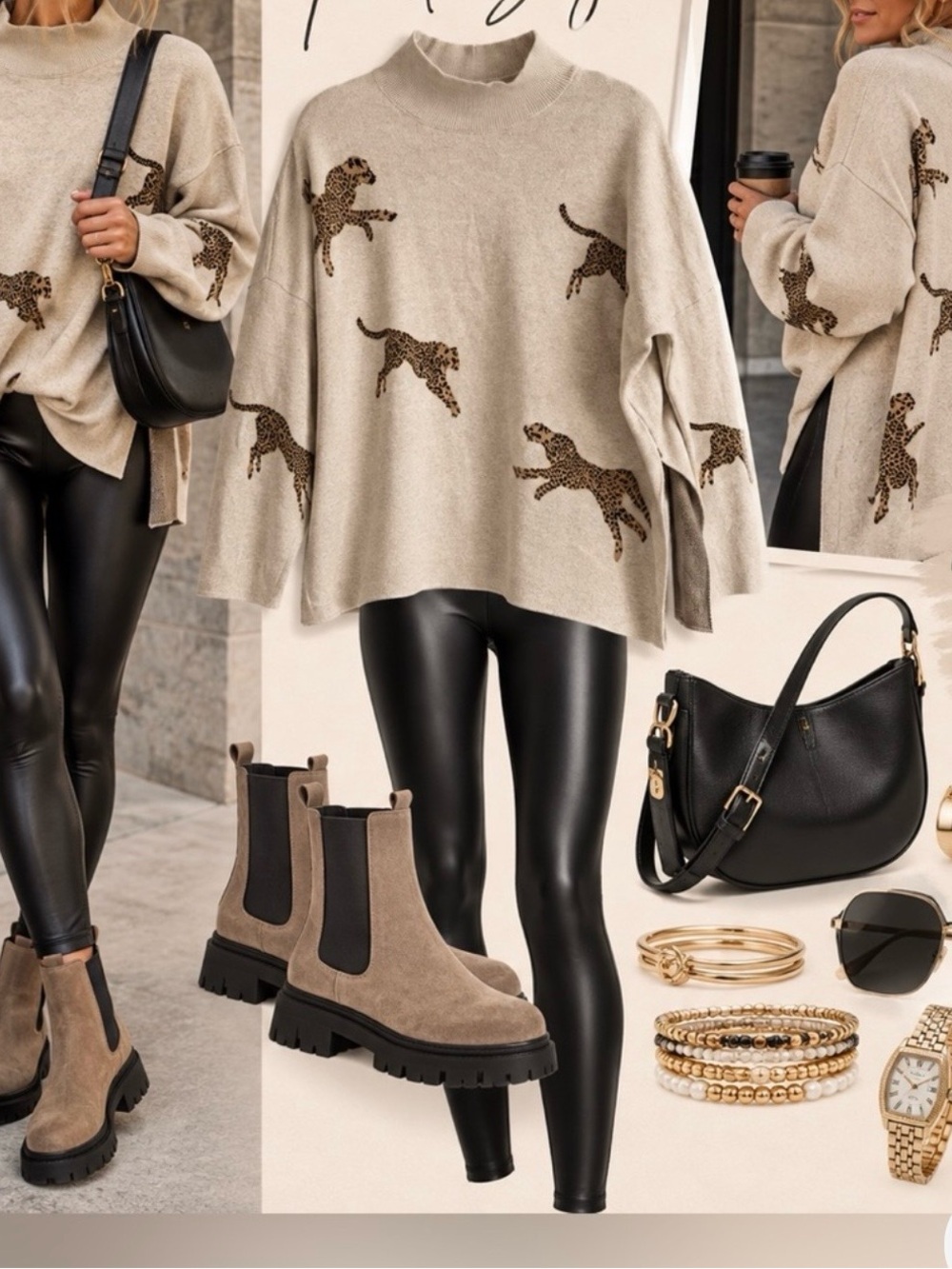 entro Beige Turtleneck Sweater with Leopard Motif